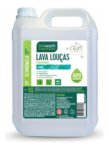 Kit 2 Detergente Lava Louças Menta Biowash 5l