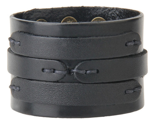 Pulsera Ancha Ajustable De Pu Cuero Color Negro Con Botón A