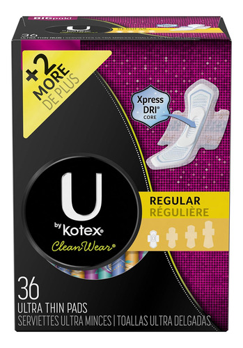 U De Kotex Cleanwear Ultra Delgada Pads Con Alas, Regular,