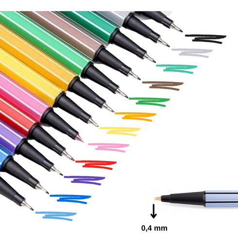 Kit Canetas Fine Line 12 Cores 0.4mm Ponta Fina Precisa Amarelo Colorido