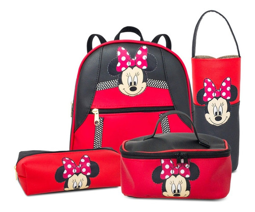 Combo De Bolso, Lonchera, Cartuchera Y Porta Termo Minnie 