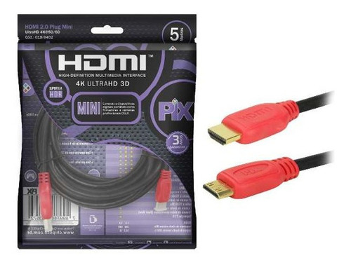 Cabo Mini Hdmi X Hdmi 5 Metros 2.0 Ethernet 5m 4k Ultra Hd