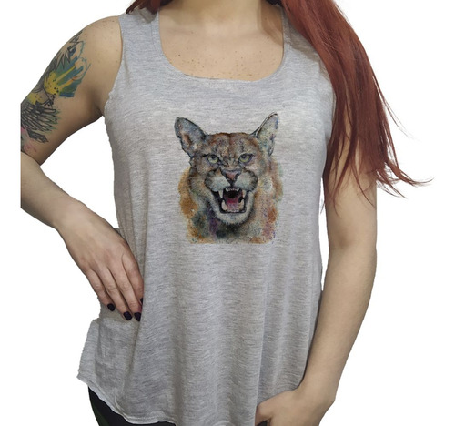 Musculosa Acampanada Puma Rugiendo Pintura Watercolor Art