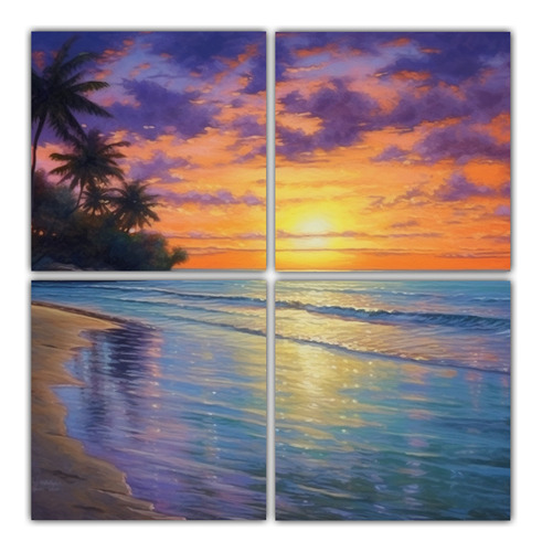 40x40cm Cuadro Atardecer En Playa Tropical En 4 Lienzos