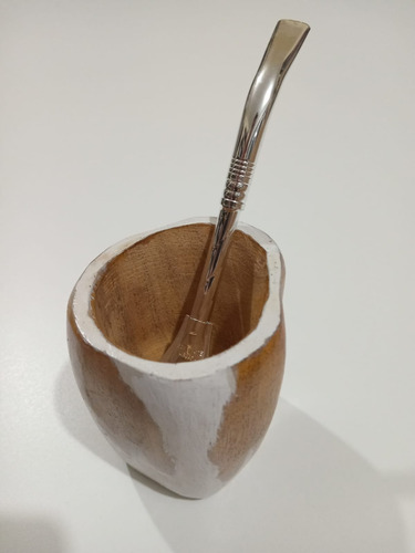 Mate Ranchero Artesanal Con Caja De Madera Y Bombilla Natural Con Blanco Ranchero Artesanal