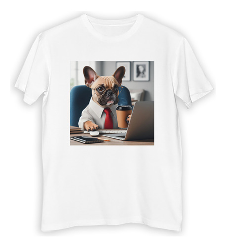 Remera Niño Bulldog Frances En La Oficina Con Cafe