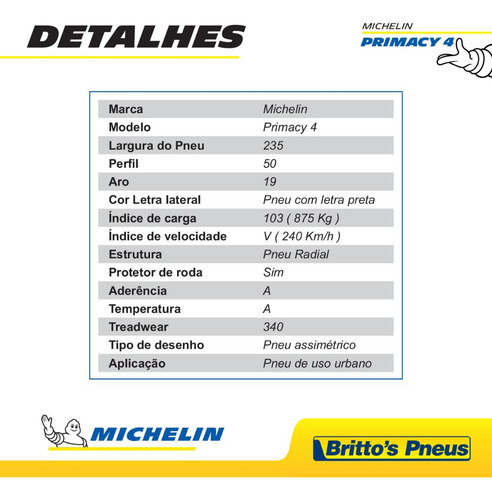 Kit 2 Pneus Commander Aro 19 Michelin Primacy 4 - 235/50 R19