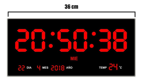Imagen 1 de 8 de Reloj Digital De Pared Led Numeros Rojos Termómetro 36 Cm