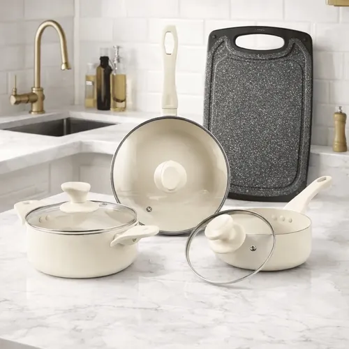 Conjunto Panelas E Frigideiras 6 Peças Cerâmico Antiaderente Bege