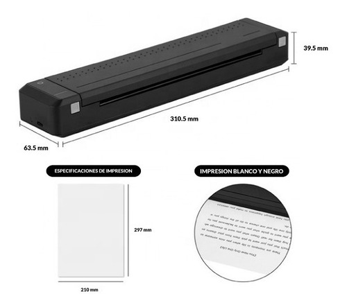 Impressora portátil A4 Bluetooth preta Hprt Mt800