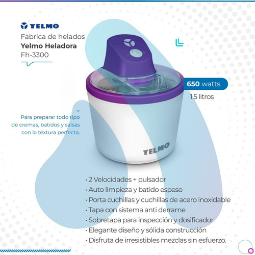 Imagen 2 de 9 de Fabrica De Helados Yelmo 1,5 Litros Heladora Fh-3300