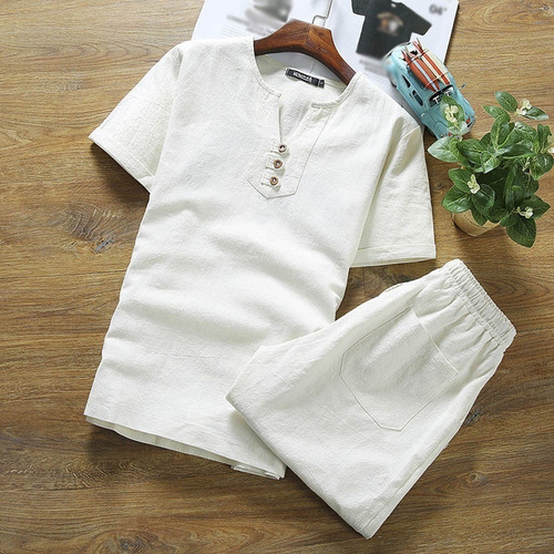 Conjunto De Polera Holgada De Algodón Y Lino Para Hombre