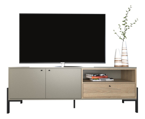 Rack Mesa Tv Smart Led 150 Cm Mueble Moderno Patas Hierro Color Gris Olmo