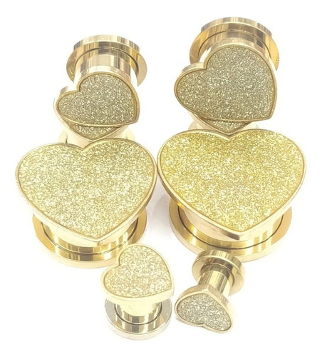 Expansores Importados Corazón Con Glitter Dorado Acero Quirú