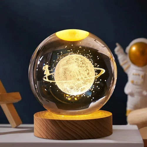 Lampara Saturno Veladora Bola Cristal Led Base Madera Usb