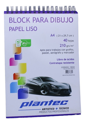 Block Dibujo Plantec Espiral Papel Liso A4 40 Hjs 210 Grs