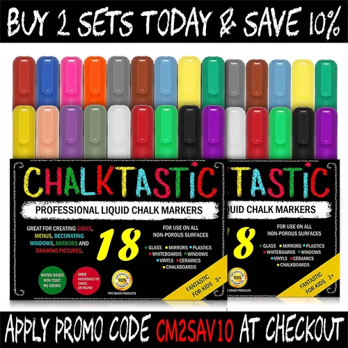 Chalk Markers & Pens - by Fantastic Chalktastic Mega 18 Pack Best for Kids, Menu Board Bistro Boards - Glass & Window Erasable Marker Pen - Reversible