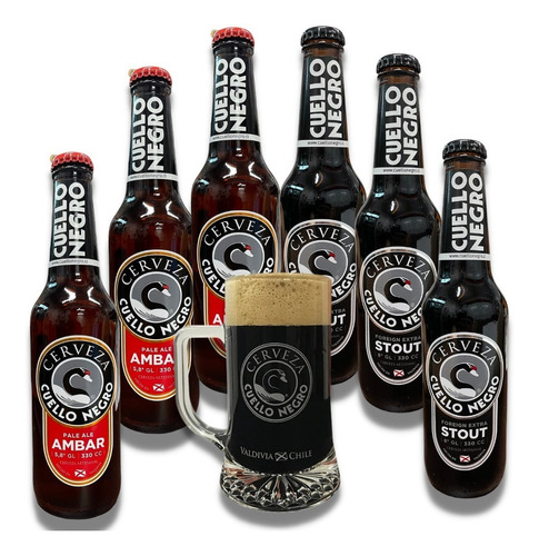 Pack 6 Cerveza Cuello Negro  3 Stout - 3 Ámbar 330cc + Vaso