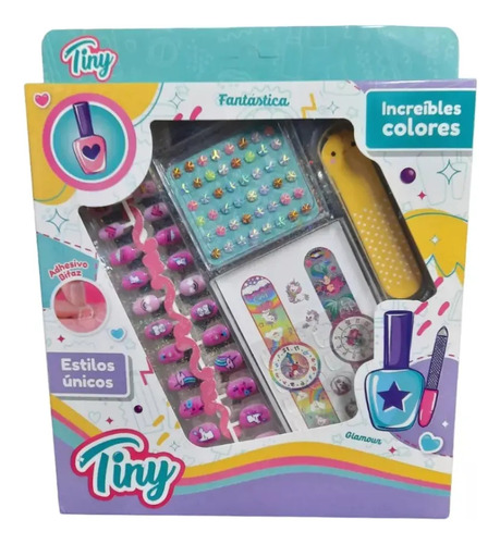 Set De Uñas Infantil Tiny Con Accesorios Stikers Diamantes