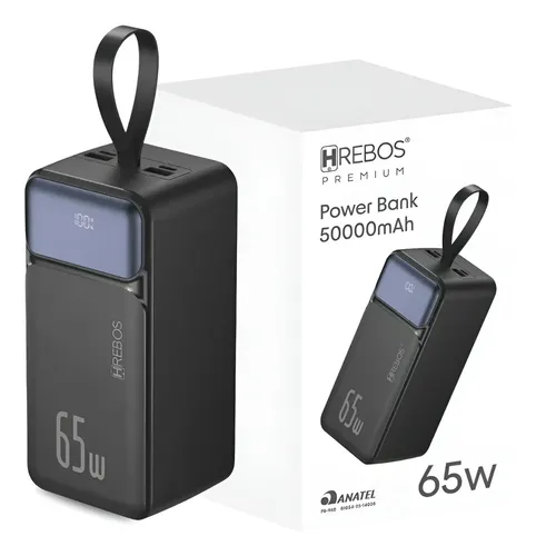 Power Bank Portátil Hrebos 50.000mah 65w Usb/usb-c Preto Com Cabo...