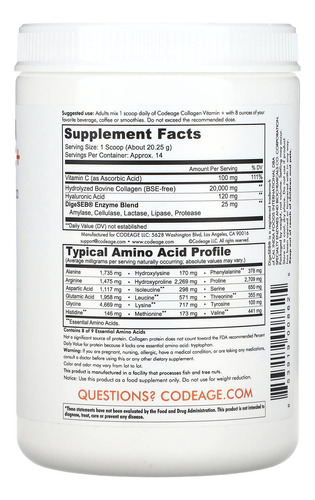 Codeage Péptidos De Colágeno En Polvo + Vitamina C, Enzimas