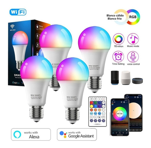 Focos Alexa Inteligente Wifi Rgbcw 10w Googleassistant 4 Pzs