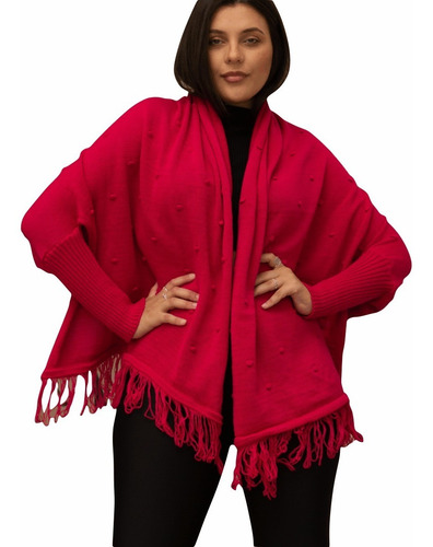 Blusa Poncho Kimono Tricô Capa Outono Inverno Pala Franja
