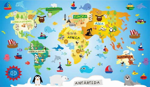 Painel Adesivo Parede Decoração Mapa Mundi Infantil Cartoon