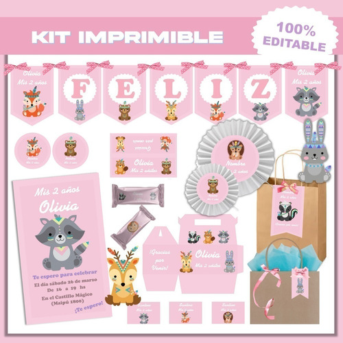 Kit Imprimible Animalitos Nórdicos Rosa Candy Bar Editable