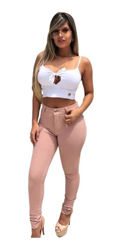 Calça Feminina Jeans Skinny Rosa Rasgada Modelo Novo Linda