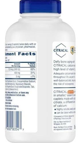 Citracal Petites Contiene 400 Mg De Calcio Y 500 Ui De Vitamina D3 Por Porción Para Ayudar A Lograr Una Salud Ósea Óptima Y Reducir El Riesgo De Osteoporosis, Contiene 375 Cápsulas.