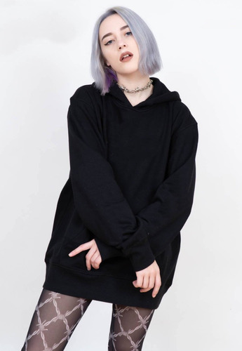 Buzo Mujer Negro Capucha Fit Hoodie Liso Oversize Canguro