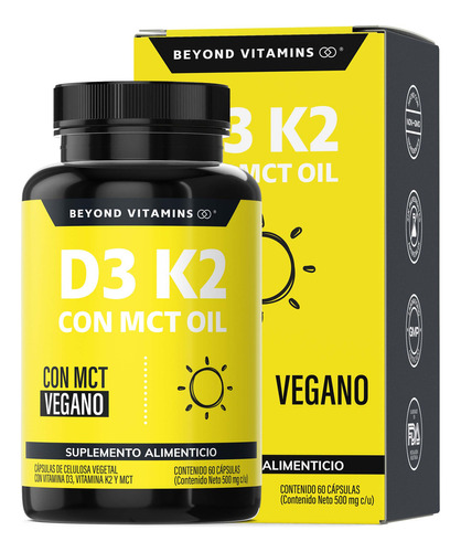 Vitamina D3 + K2 + Mct Oil | Sin Azúcar - Suplemento Alimenticio Vegano Beyond Vitamins - Ingredientes Non Gmo (60 Cápsulas)