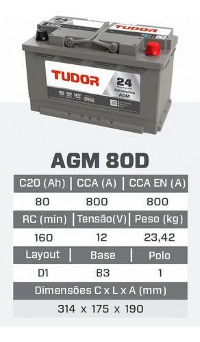 Start Stop Bateria Tudor 80 Amperes Agm Direito