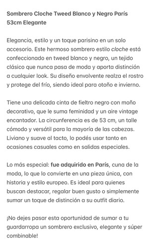 Líquido Sombrero Cloche Tweed Blanco Y Negro París 53cm Negro Blanco Único Lisa