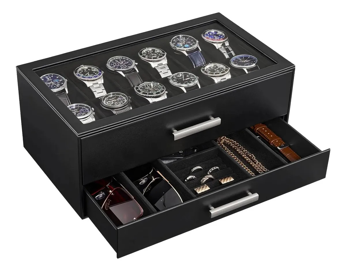 Caja Procase De Reloj 12 Ranuras Vitrina 2 Niveles Cajones Negro