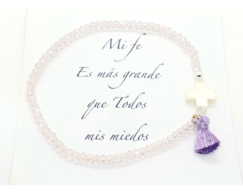 Pulsera De Cristal Con Dije De Cruz Madre Perla