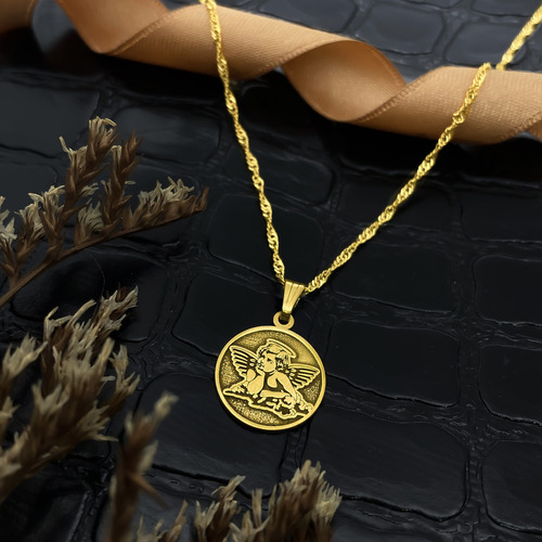 Cadena Y Dije Ángel De La Guarda Oro 18k Amarillo 50 Cm