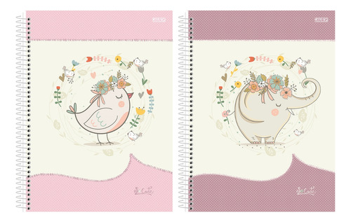 Kit 2 Cadernos Cute 160 Fls 10 Matérias Elefante Passarinho Sortido