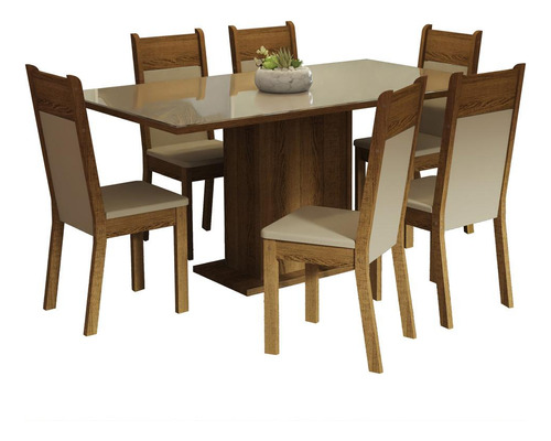 Mesa de comedor XMMDJA060142 con 6 sillas Madesa Francine con tapa de cristal, color crema, rústico y beige