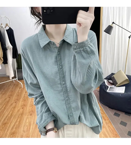 Camisa De Manga Larga Con Encaje Y Algodón Para Mujer
