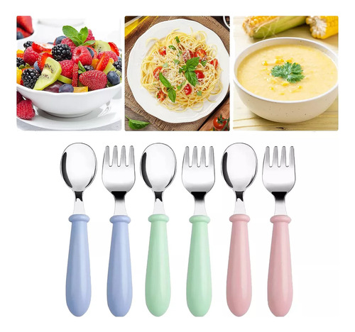 6 Pcs Acero Inoxidable Bebés Kit Cubiertos Cuchara Tenedor Multicolor
