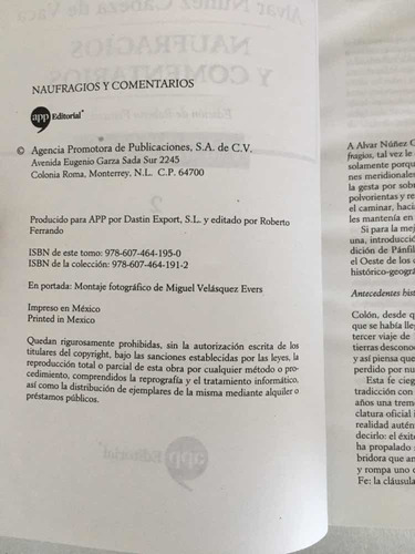Naufragios Y Comentarios. Alvar Núñez Cabeza De Vaca. App. (Usado)
