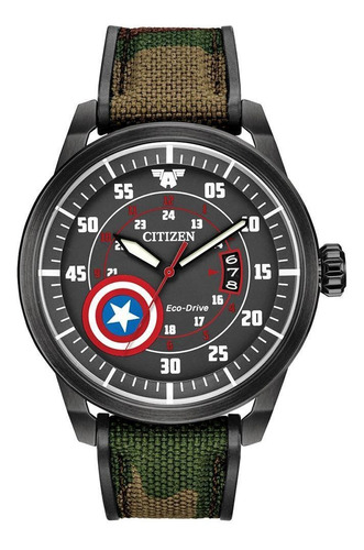 Citizen Marvel Capitan America Aw1367-05w Color de la correa Verde Color del bisel Verde Color del fondo Negro