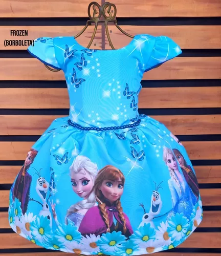 Vestido Frozen Borboletas Flores Elsa Ana Olaf Luxo