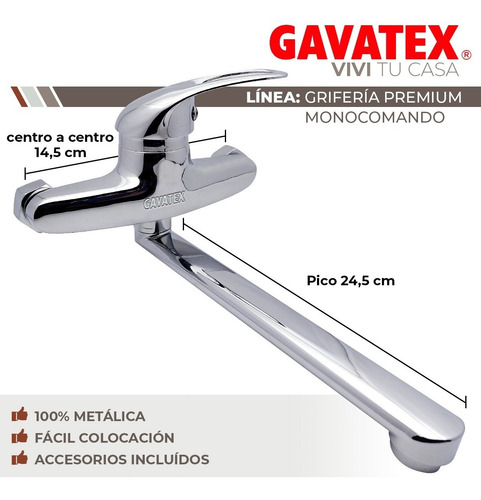 Imagen 4 de 10 de Grifería Monocomando Pico Largo Cocina Lavadero Pared Gx