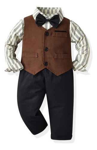 Conjunto Formal Para Niños Ropa De Fiesta Moño Tirantes Marrón 6 Años