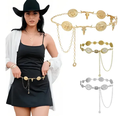3 Cinturón Vaquero Mujer Cinto Metal Con Cadena Para Vestido