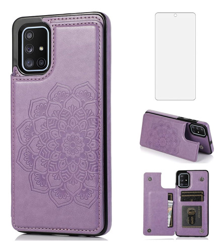 Funda Lila Tarjetera Soporte + Protector Para Galaxy A71 4g