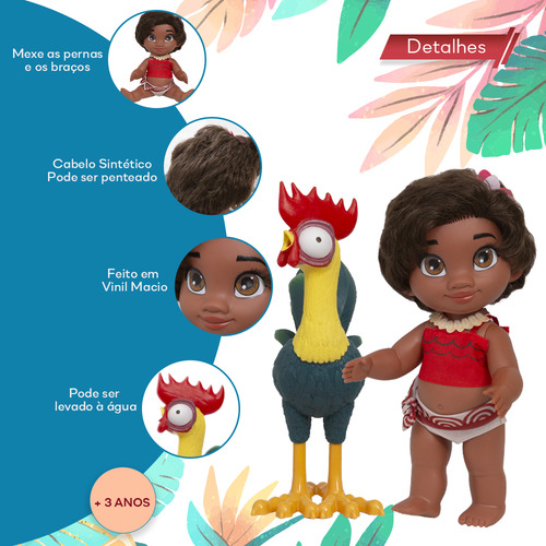 Kit Boneca Infantil Moana Princesa E Galo Hei Hei Disney
